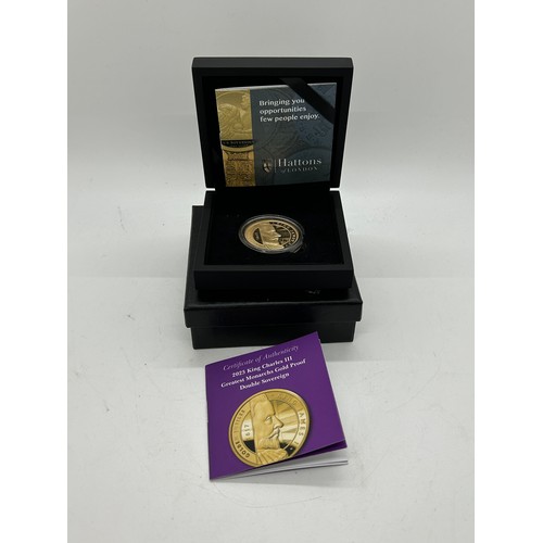 418 - Cased Hattons 22ct 2023 King Charles III greatest monarchs gold double sovereign