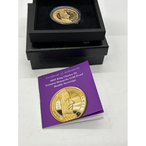 418 - Cased Hattons 22ct 2023 King Charles III greatest monarchs gold double sovereign