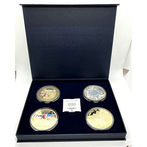 434 - Cased set of 4 silver plated VE commemorative coins / medals to include Sapphire jubilee, Battle of ... 