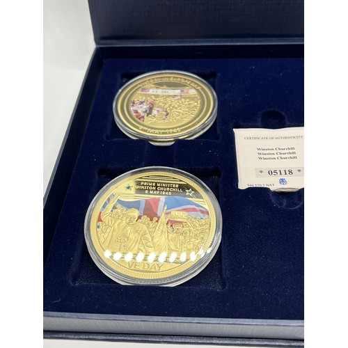 434 - Cased set of 4 silver plated VE commemorative coins / medals to include Sapphire jubilee, Battle of ... 