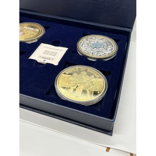 434 - Cased set of 4 silver plated VE commemorative coins / medals to include Sapphire jubilee, Battle of ... 