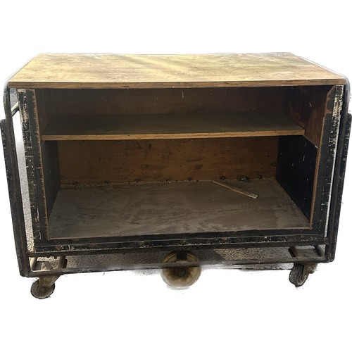 100S - Industrial trolley with wooden wheels measures approx 41 inches tall by 56 inches wide and 32 deep