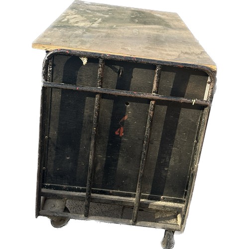 100S - Industrial trolley with wooden wheels measures approx 41 inches tall by 56 inches wide and 32 deep