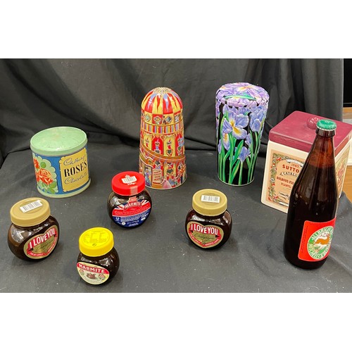 236 - Selection of tins, advertising pieces to include Rose's, limited edition marmite jars etc