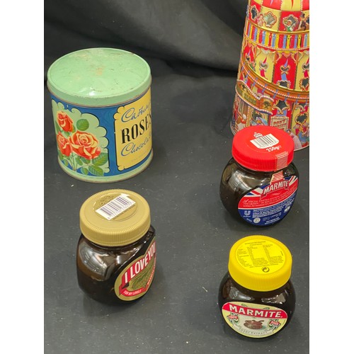 236 - Selection of tins, advertising pieces to include Rose's, limited edition marmite jars etc