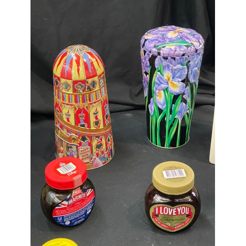 236 - Selection of tins, advertising pieces to include Rose's, limited edition marmite jars etc