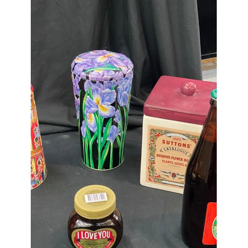 236 - Selection of tins, advertising pieces to include Rose's, limited edition marmite jars etc