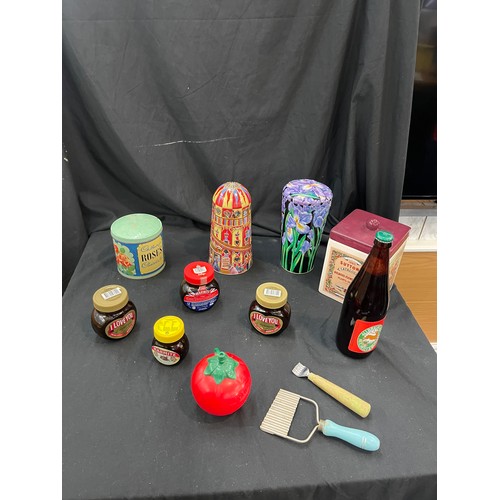 236 - Selection of tins, advertising pieces to include Rose's, limited edition marmite jars etc