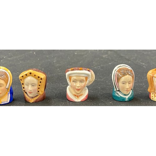 435 - Vintage Francesca Staffordshire King Henry VIII and his 6 wives porcelain thimbles