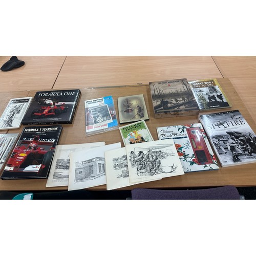 338 - Selection of books to include Formula 1, World war, Spite fire, History print sketches etc