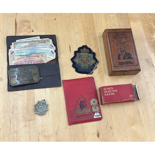 534 - Selection of collectables includes Cigar box, Military notes, badges etc