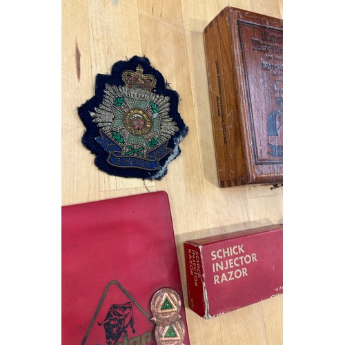 534 - Selection of collectables includes Cigar box, Military notes, badges etc