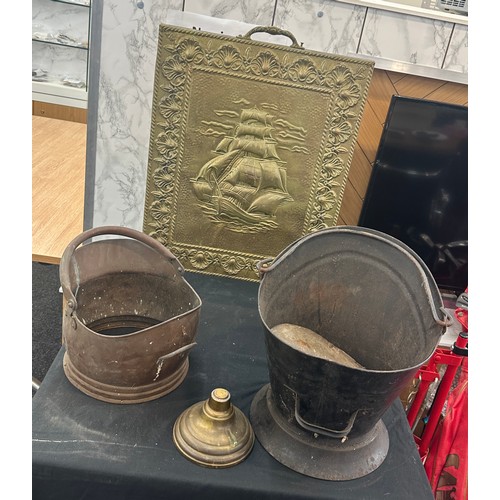 211 - Selection of metalware to include two buckets and a fire screen