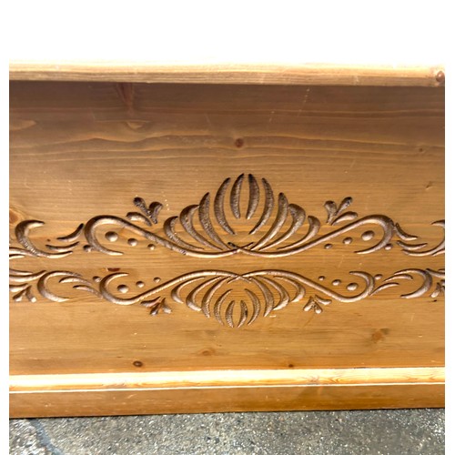 374 - Pine carved blanket/ toy box measures apprdoximately 20 inches tall 36 inches wide 21 inches depth