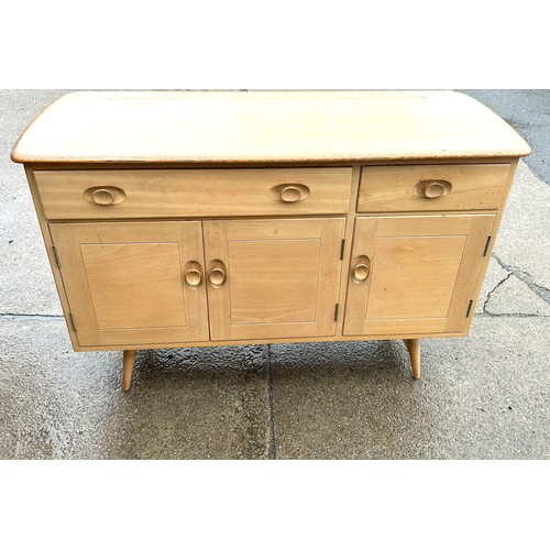 405 - Blonde ercol mid century 2 drawer 3 door kitchen sideboard measures approximately 33 inches tall 49 ... 