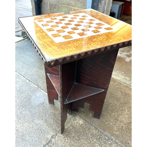 386 - Small vintage carved games table measures approximately 29 inches tall 20 inches square