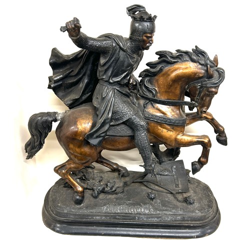 301 - Large spelter Richard the first figure on a resin base 52cm tall 52cm wide, damaged