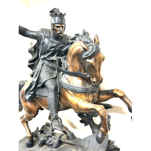 301 - Large spelter Richard the first figure on a resin base 52cm tall 52cm wide, damaged