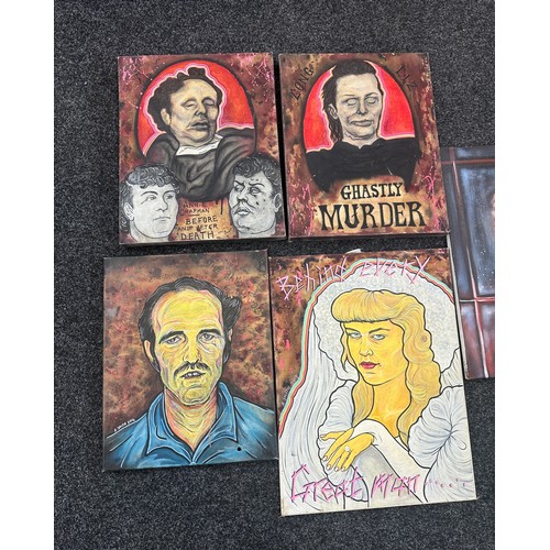 126 - Large selection of assorted canvas paintings of various serial killers largest measures approximatel... 