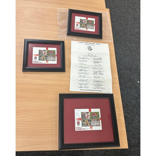 112 - Three framed stamps of England Rugby 1991 one signed