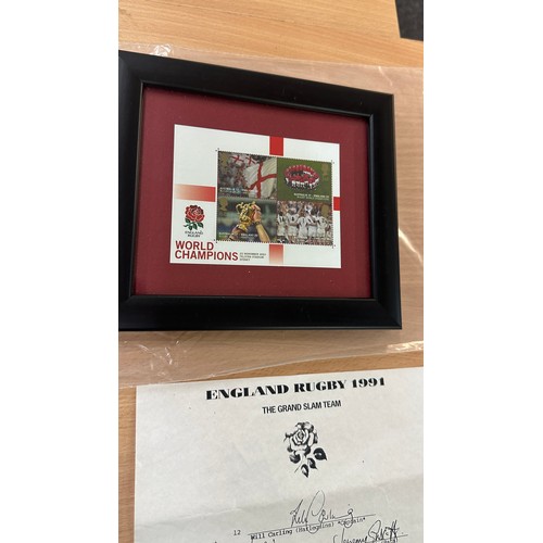 112 - Three framed stamps of England Rugby 1991 one signed