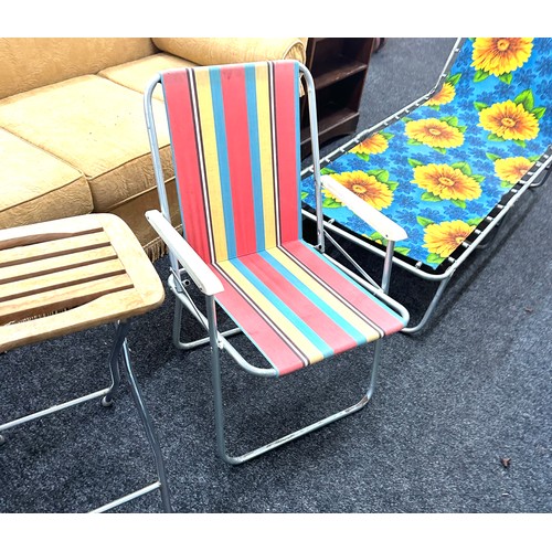 395 - Two folding beach chairs, a sun lounger and two wooden stools