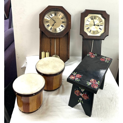 223 - Selection of items to include a bongo, two clocks and a stool