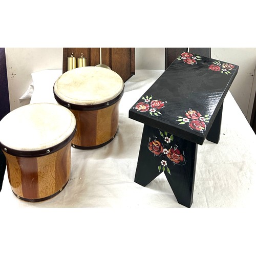 223 - Selection of items to include a bongo, two clocks and a stool