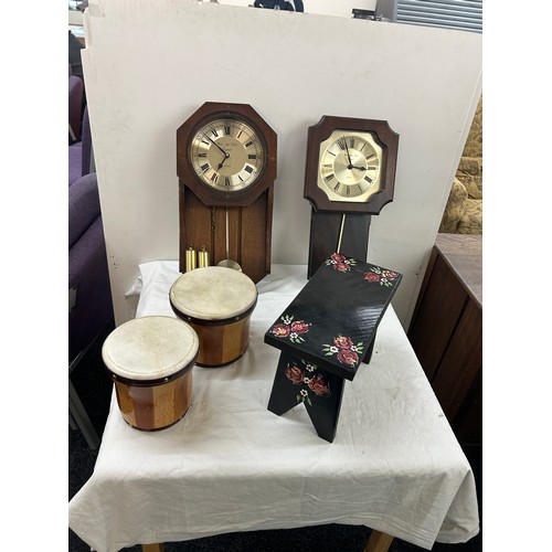 223 - Selection of items to include a bongo, two clocks and a stool