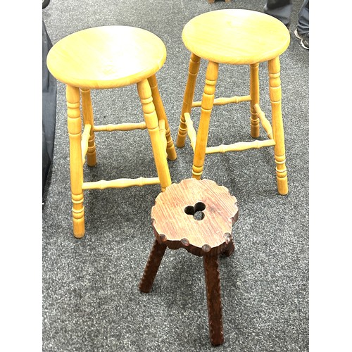 372 - Two vintage stools and a vintage milking stool