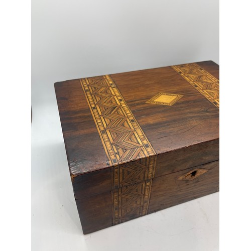 548 - Victorian marquetry sewing box complete with fitted interior