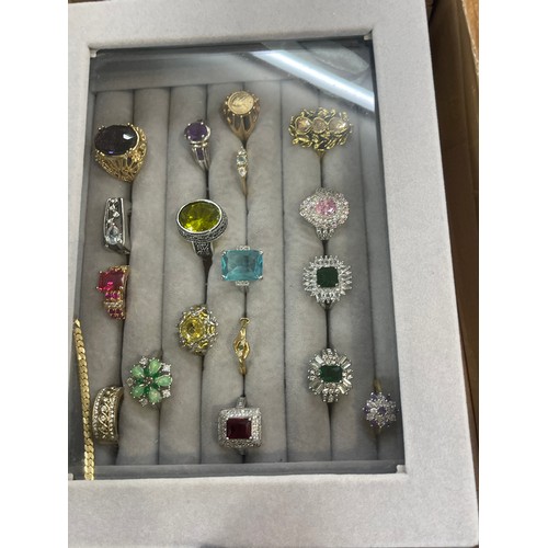 447A - Box of costume jewellery - rings, earrings, powder compacts, watches etc