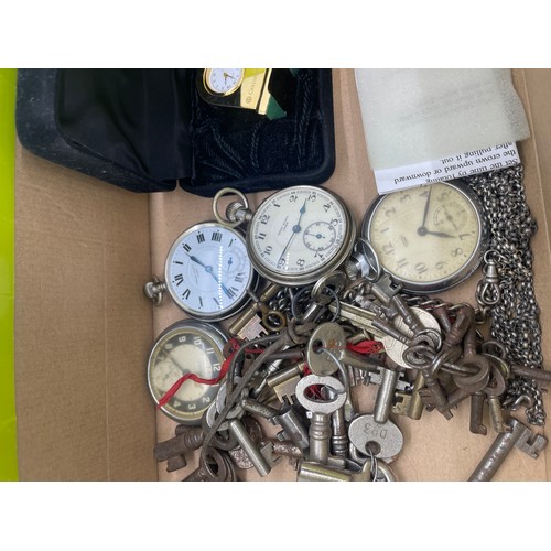 563 - Five vintage pocket watches , guard chain, victorian match striker, vintage keys etc