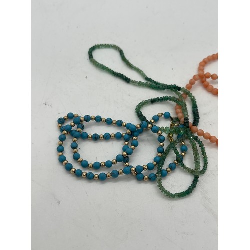 574 - 3 necklaces- Angleskin coral, Emerald and Turquoise all with 9ct gold clasps