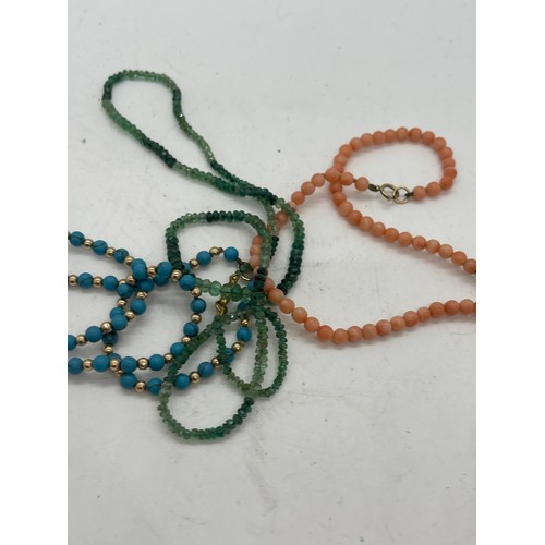 574 - 3 necklaces- Angleskin coral, Emerald and Turquoise all with 9ct gold clasps