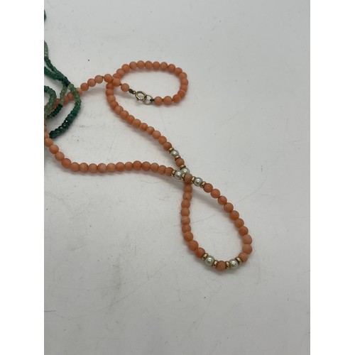 574 - 3 necklaces- Angleskin coral, Emerald and Turquoise all with 9ct gold clasps