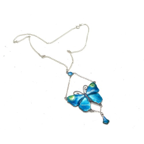 586 - Superb sterling silver and enamel butterfly pendant and chain. Wingspan 4cm