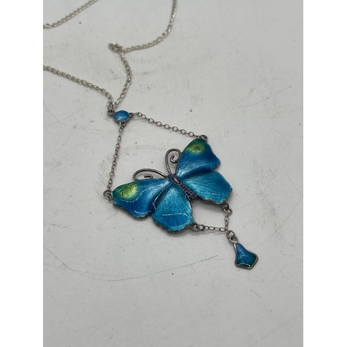 586 - Superb sterling silver and enamel butterfly pendant and chain. Wingspan 4cm