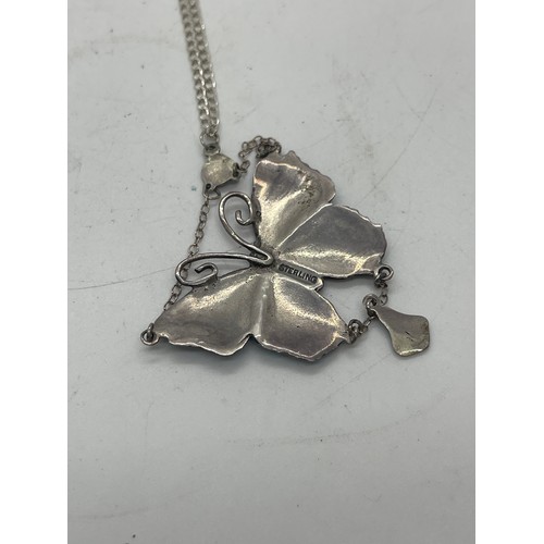 586 - Superb sterling silver and enamel butterfly pendant and chain. Wingspan 4cm