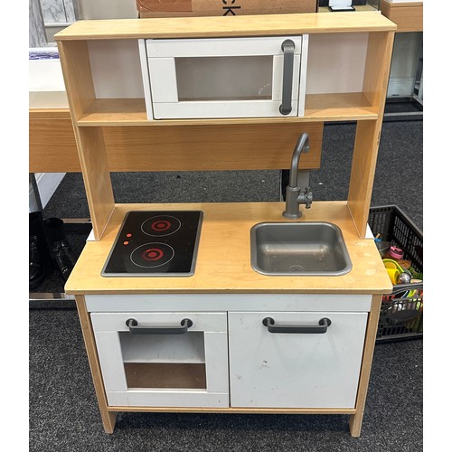 158 - Childs wooden play kitchen and play toy accessories to include food etc measures approx 42 inches ta... 