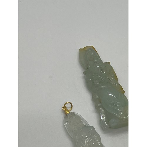 593 - 3 antique Chinese jade pendants one with clasp marked 750 for 18ct gold