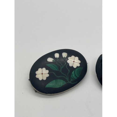 585 - Large victorian pietra dura brooch 5.2 cm wide and another