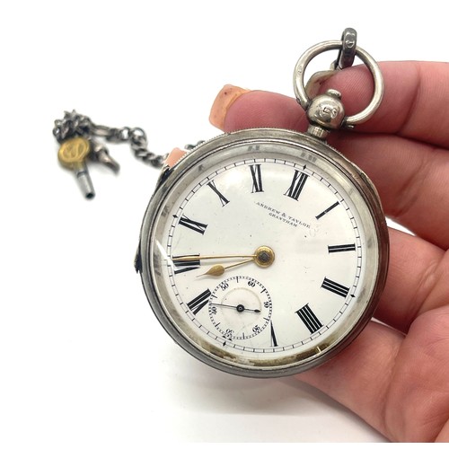 576 - Sterling silver pocket watch and chain watch marked Andrew and Taylor Grantham, untested