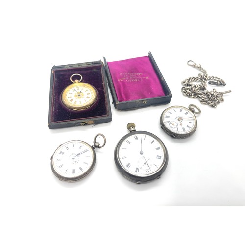 550 - Sterling silver double albert pocket watch chain and four silver pocket watches