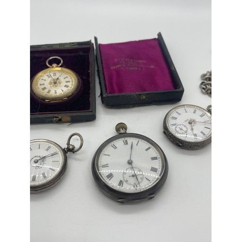 550 - Sterling silver double albert pocket watch chain and four silver pocket watches