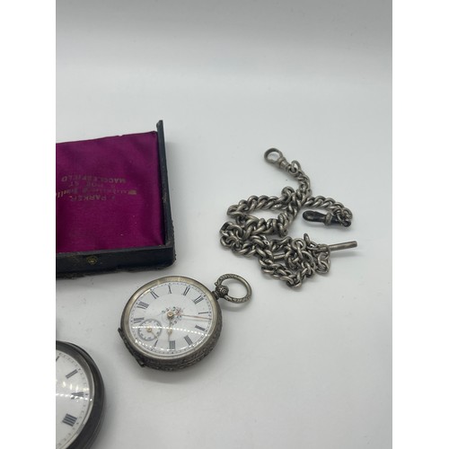 550 - Sterling silver double albert pocket watch chain and four silver pocket watches