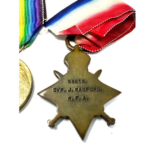 366 - WW.1 1914-15 Star Trio. & Original Ribbons Named. 93512 Dvr. J. Radford. R.F.A