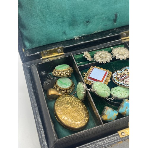 448 - Box of antique costume jewellery to include micro mosaic, locket, bracelet etc