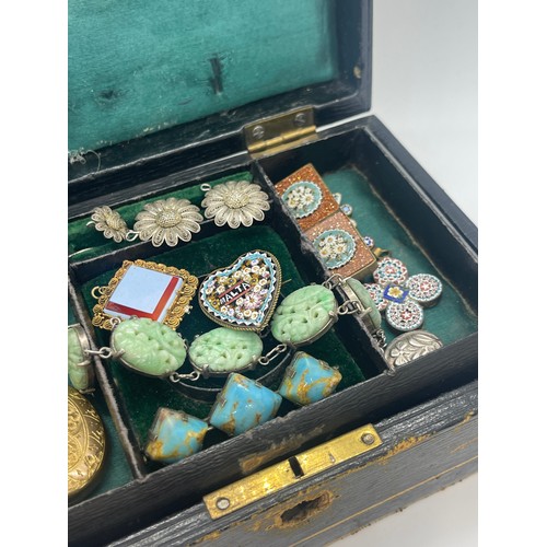 448 - Box of antique costume jewellery to include micro mosaic, locket, bracelet etc