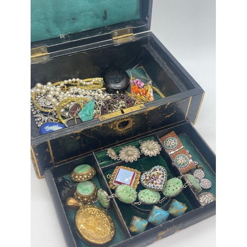 448 - Box of antique costume jewellery to include micro mosaic, locket, bracelet etc